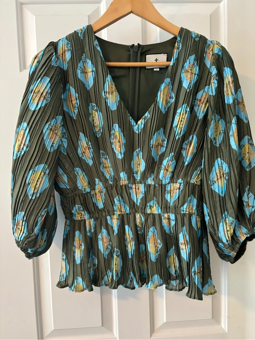 Tuckernuck Olive Peplum Blouse with Blue and Gold Floral Print